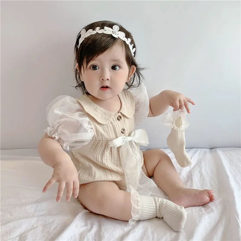 

Summer 2025 New Cute Baby Girls Breathable Bubble Sleeves Mesh Rompers Outerwear Small Fresh Style Baby Clothes