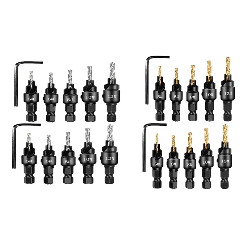 MAKE-2 Setsx5pcs Broca escareada Alça hexagonal Conjunto de abridor de buraco de aço Broca integrada para furo cônico de madeira