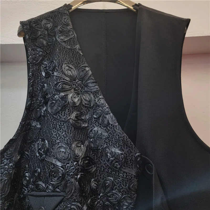 Tanntผู้หญิงเสื้อกั๊กไม่สม่ําเสมอเย็บปักถักร้อยพิมพ์สีดําเสื้อกันหนาวผู้หญิงแฟชั่นไม่สมมาตรผ้าพันคอเสื้อกั๊กเสื้อ 2025 ฤดูใบไม้ผลิใหม่