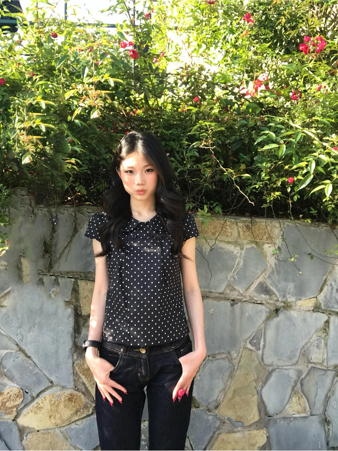 

Summer Polka Dot Short Sleeve Loose Fit Doll Collar Shirt Women's Fashion College Style Top Breathable Cotton Button up