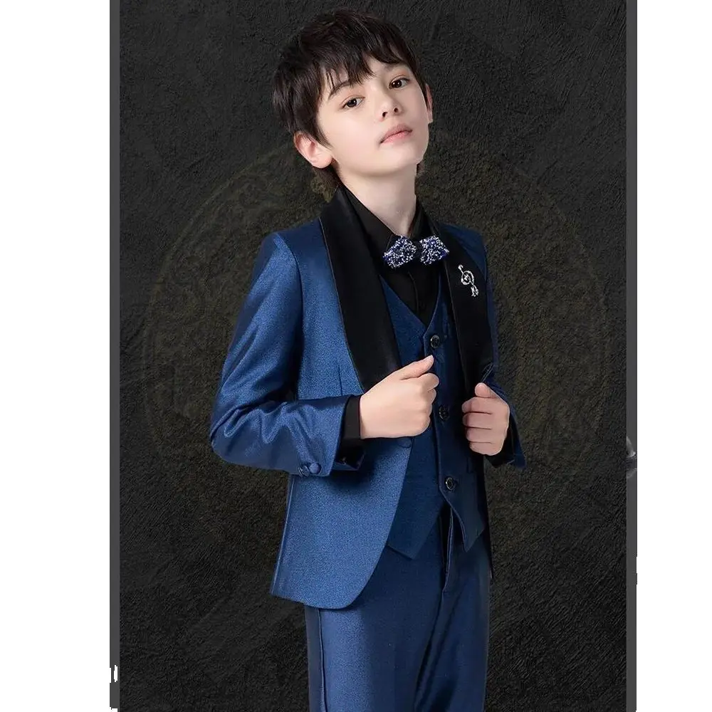 

Chic Satin Kids Clothes Fashion Shawl Lapel Single Button Clothing Performance Host Costume Party Wedding Suits for Boy 3 Piece