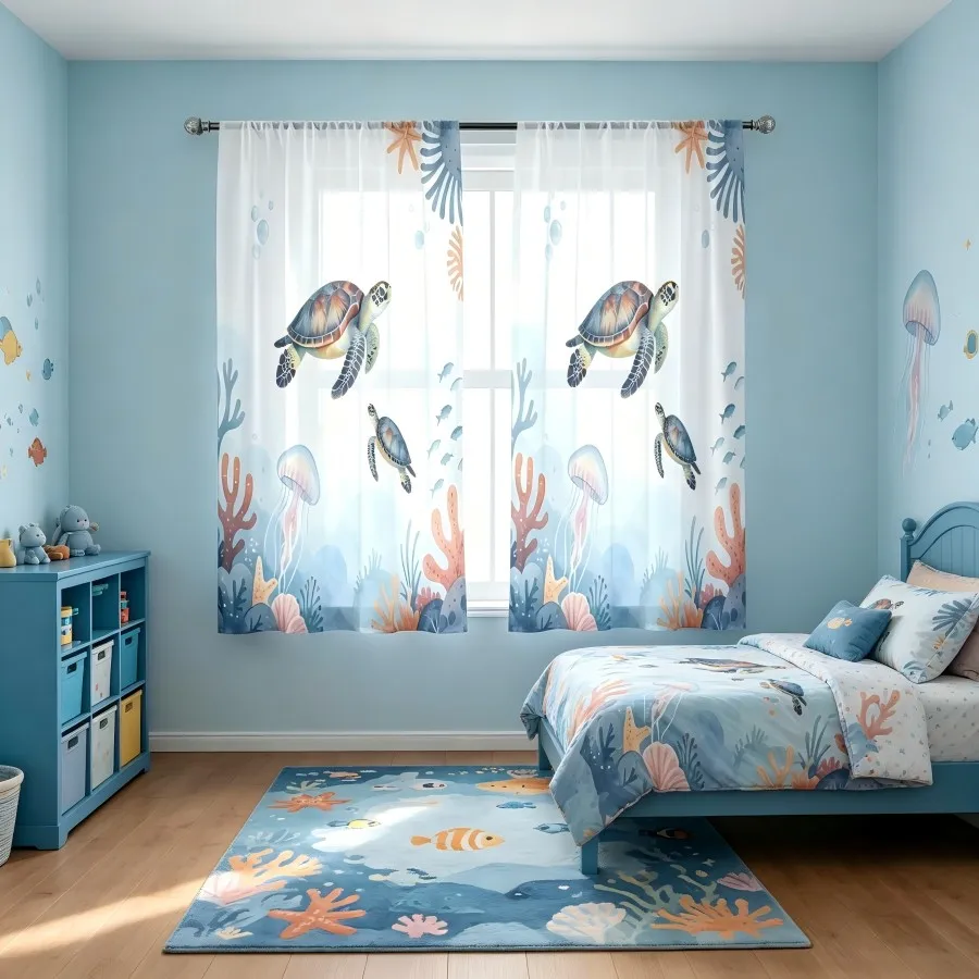 2PCS Digital Print Sheer Curtain, Coral Sea Turtle Ocean Marine Tropical Window Drapes for Living Room Bedroom Home Decor