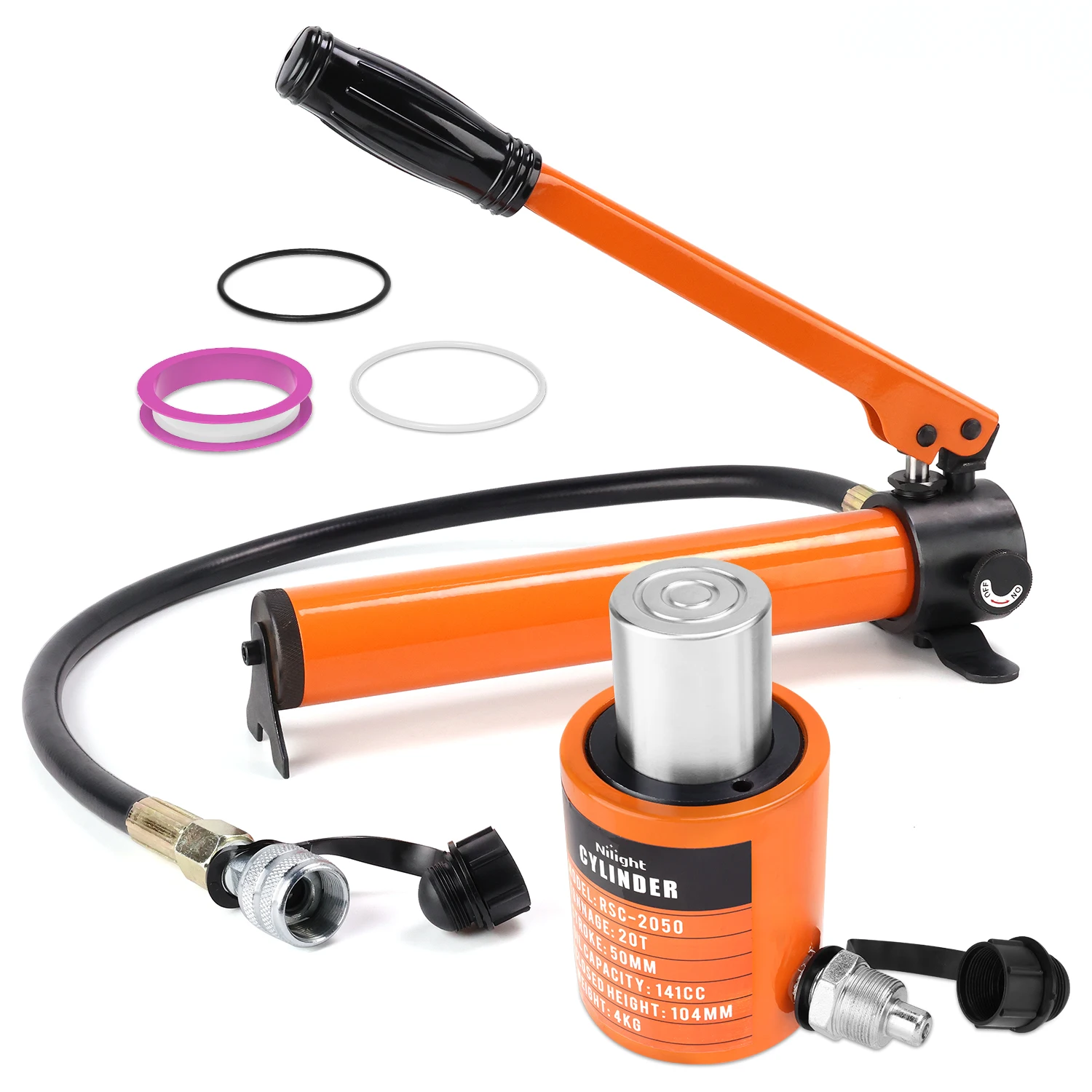 Nilight 20T Hydraulic Cylinder Jack Porta Power Ram Kit, Heavy Duty Low Profile 2 Inch Stroke Mini Single Acting Lifting Cylinders with Manual Hydraulic Hand Pump for Machinery Shipbuilding, Orange