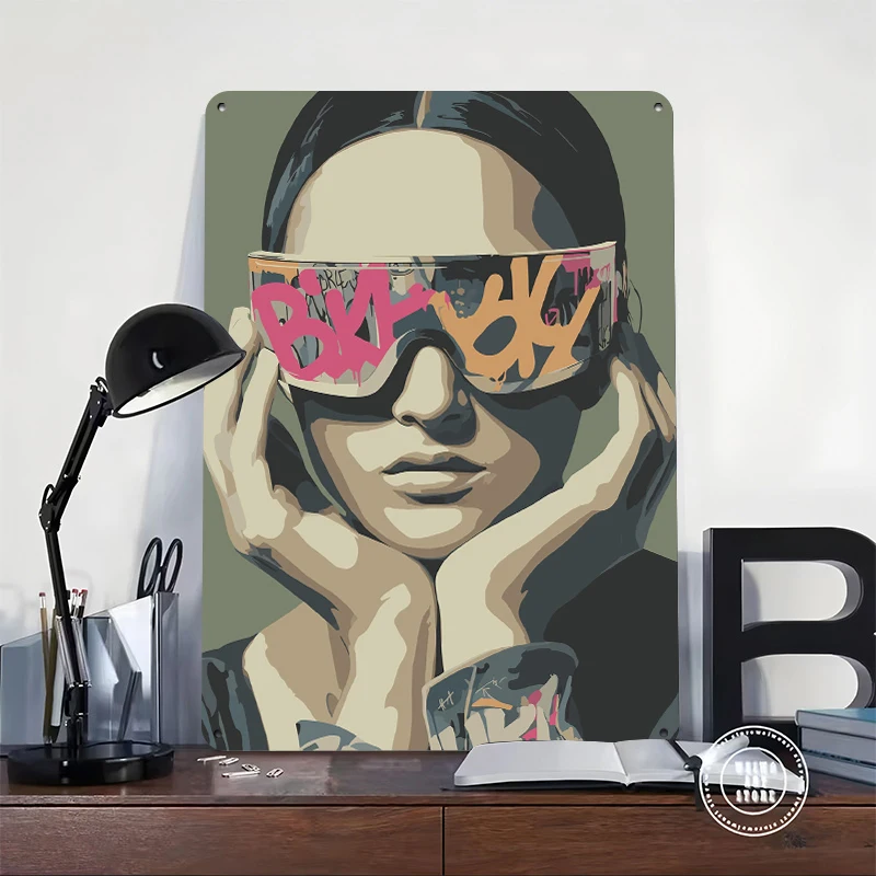 Graffiti-Adorned Sunglasses on Woman Metal Poster Customized Wall Art Retro Vintage Metal Signs for Man Cave Office Decoration