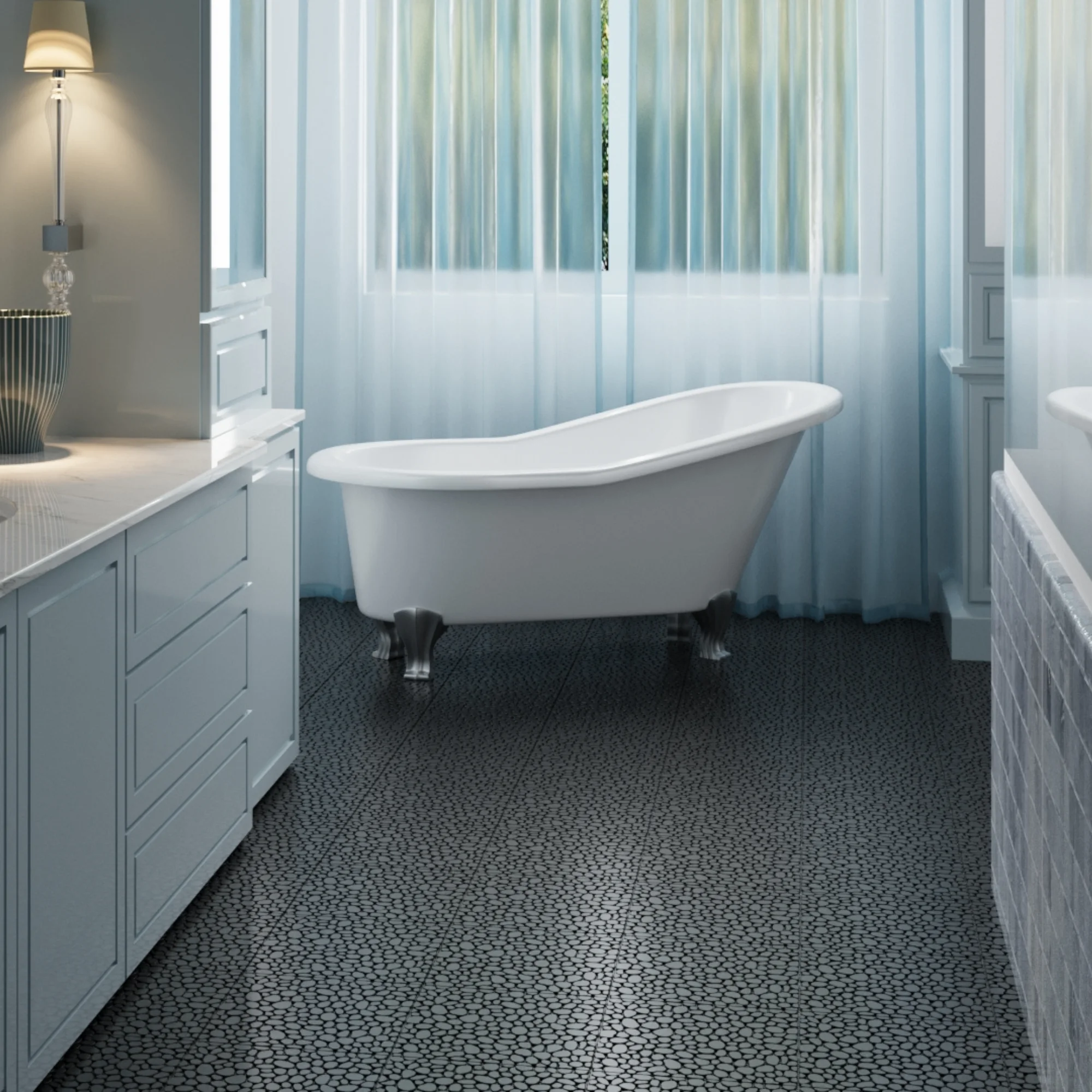 12 x 12 Inch Interlocking Plastic Deck Tiles, Black Pebble Stone Pattern Waterproof Anti-Slip Floor Tiles, All Weather Outdoor Flooring with 440 LBS Weight Capacity, Pack of 60 for Patio, Balcony, Porch, Bathroom, Shower Room