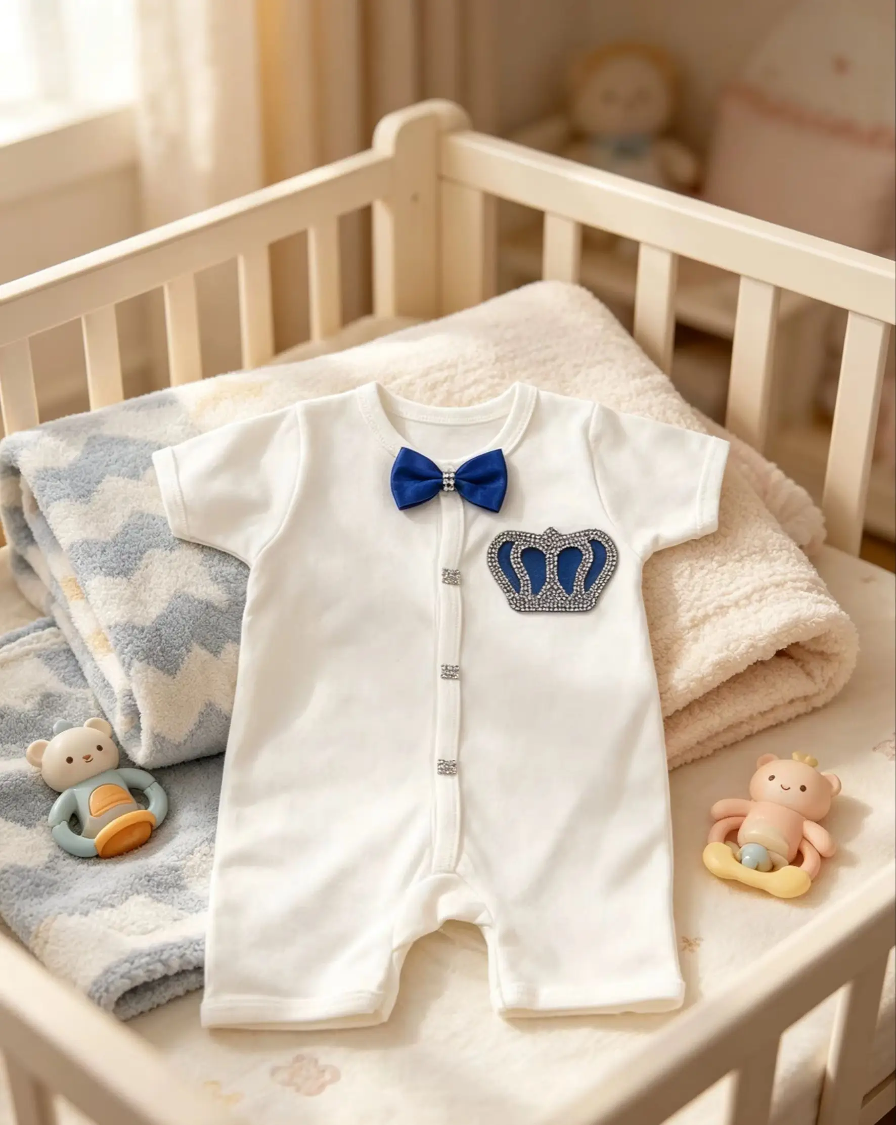 Luxury Royal Little Prince Baby Short Sleeve Jumpsuit Sparkling Rhinestone Crown Satin Bow Soft Mesh Infant Formal Wear For Dail