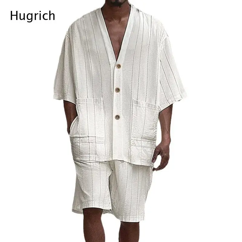 Men's Lightweight Summer Two-Piece Set - Vertical Stripe V Neck Button Down Top and Elastic Waist Shorts