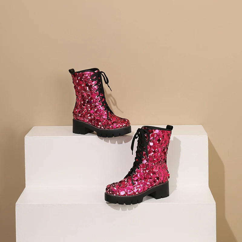 

2025 Large Sequin Lace-up Thick Heel 5CM Big Head Round Head Comfortable Street Tide Boots