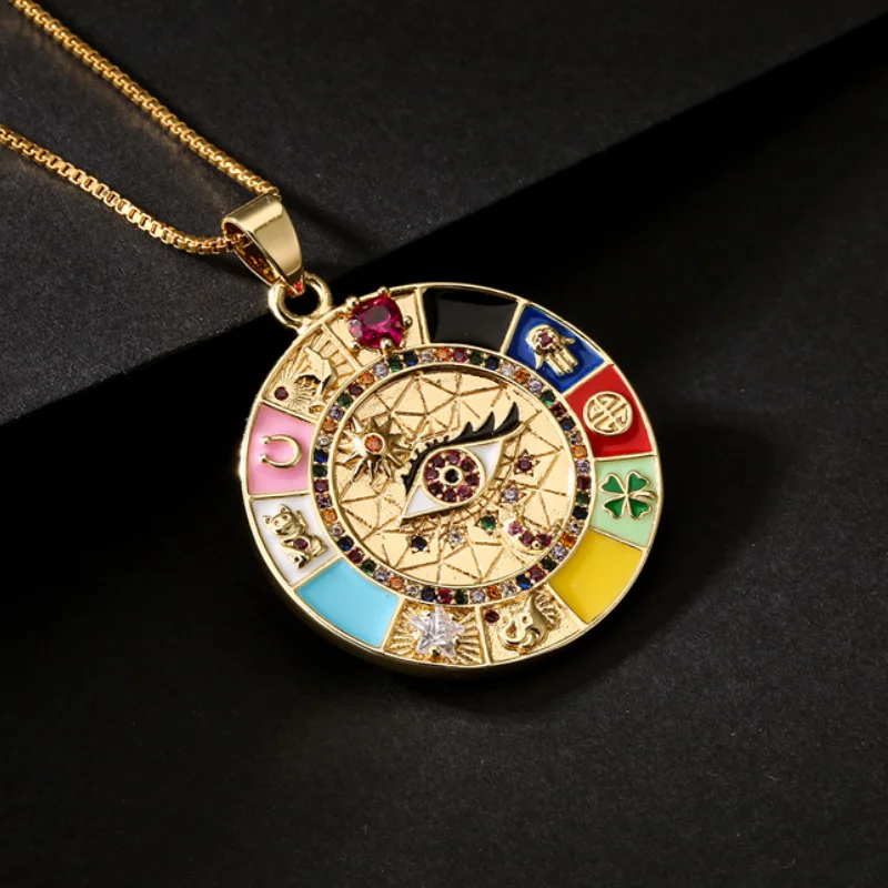 Gold Color Rainbow Egyptian Horus Eyes Necklace Metal Round Puzzle Bohemian Lucky Pendant Charms Decor Chain Peaceful Amulet