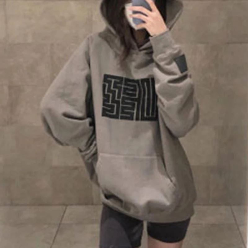 Women Trendy Geometric Print Oversized Streetwear Hooded Sweatshirts 2024 Winter Fleece Y2K Casual Long Sleeve Pullover Hoodies