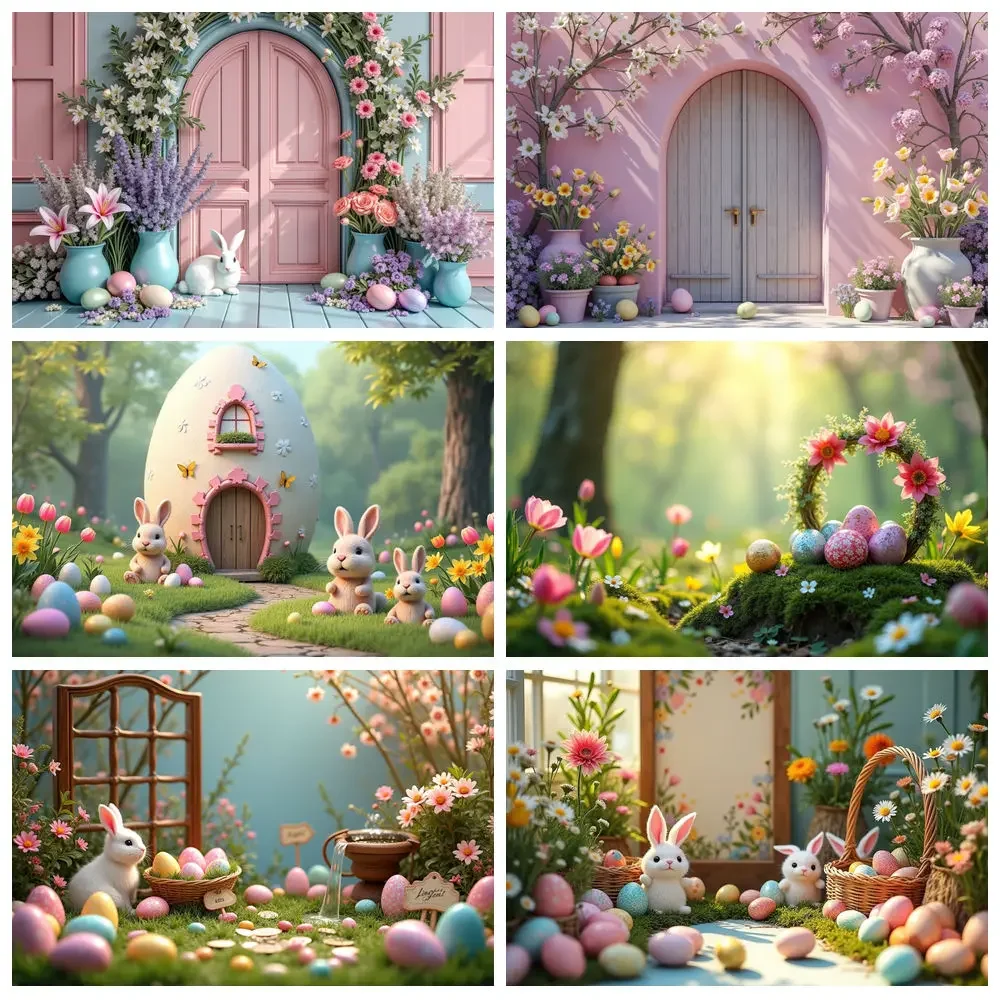 

MOON.QG 2025 Easter Bunny Doll House Arch Backdrop Photography Eggs Flowers Spring Garden Background Children Photo Studio Props