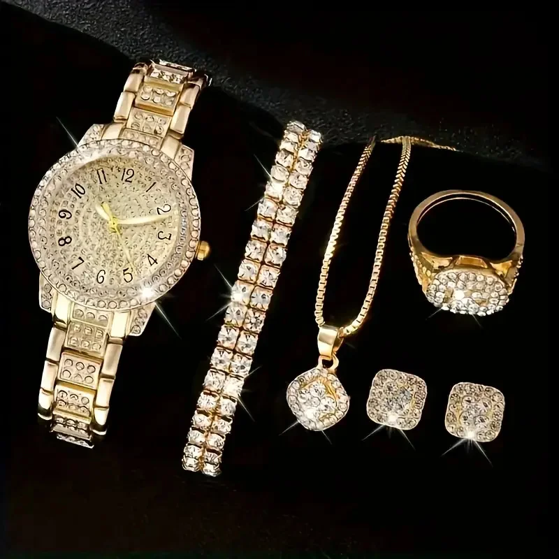 Women Gold Watch Ring Necklace Earrings Bracelet Set Diamond Fashion Wristwatch Female Casual Ladies Quartz Watches Jewelry Set