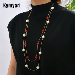 Gold Color Necklaces Simulated Pearl Jewelry Long Necklace Women Bijoux Double Layer Sweater Chain Necklaces