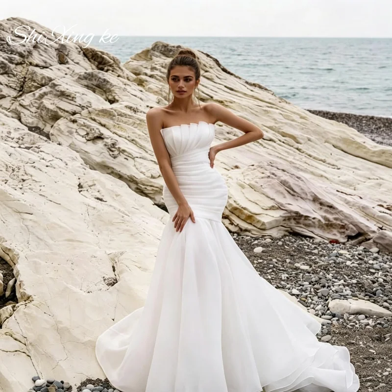 Shi Xing ke Fit Flare Strapless Wedding Gown 2026 Modern Chapel Train Satin Bridal Dress Vestidos De Novia Customized