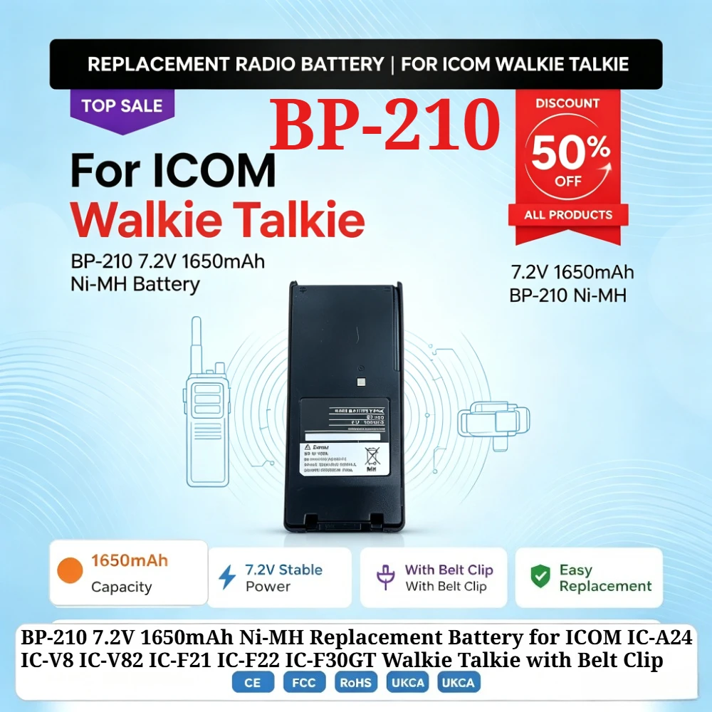 BP-210 7.2V 1650mAh Ni-MH Replacement Battery for ICOM IC-A24 IC-V8 IC-V82 IC-F21 IC-F22 IC-F30GT Walkie Talkie with Belt Clip