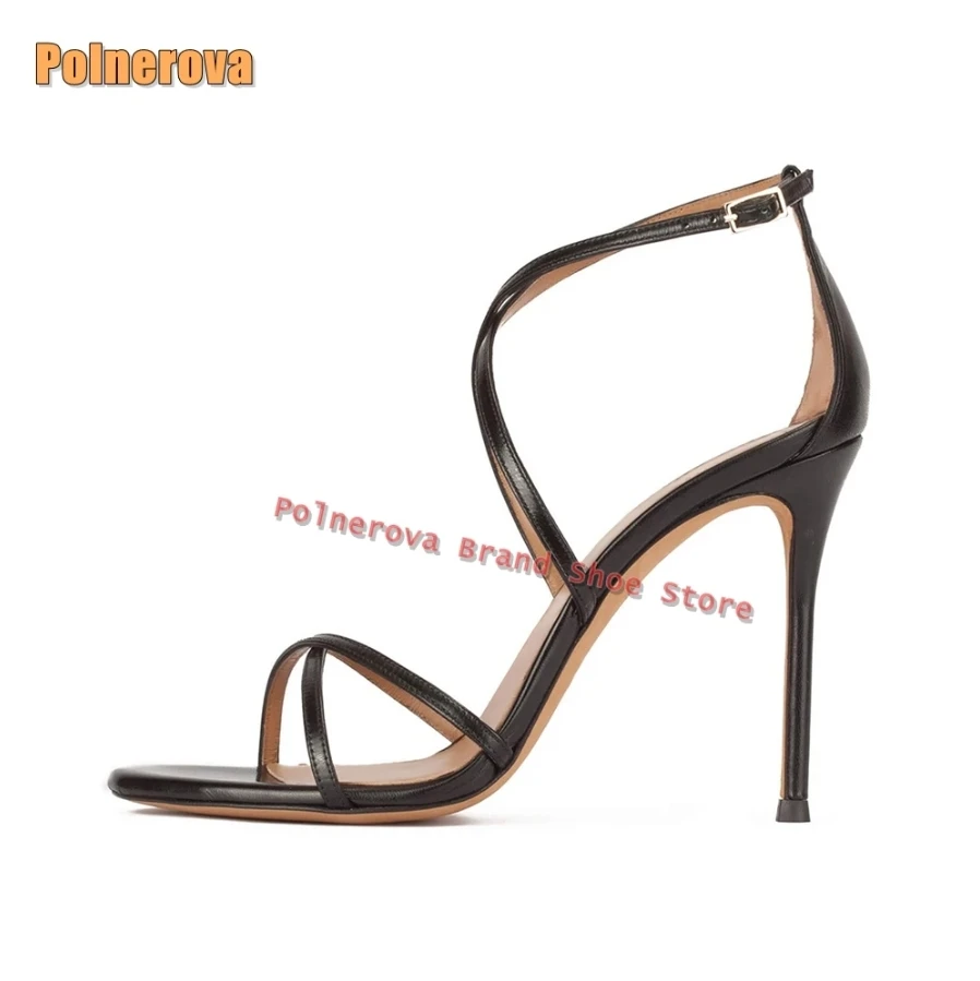 

Blue Narrow Band Shallow Sandals Open Toe Stiletto Buckle Strap Side Air Cross Tied Women' S Party Shoes Summer 2025 Vacation