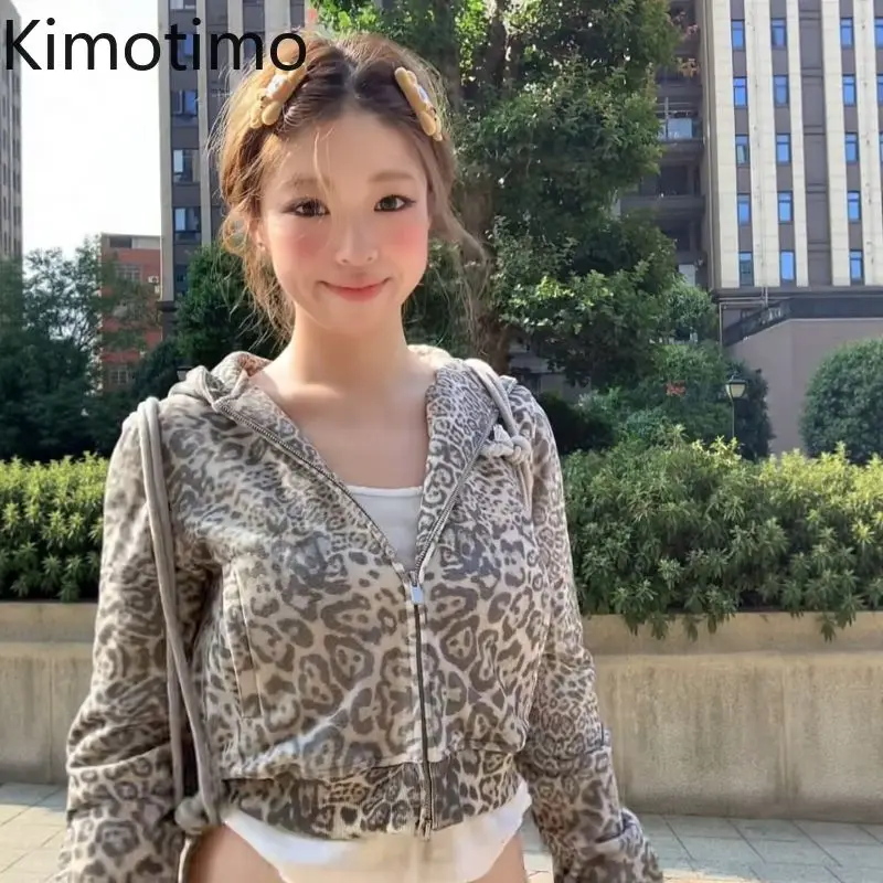 

Kimotimo, толстовка с капюшоном в американском стиле с леопардовым принтом, женская винтажная куртка на молнии с длинными рукавами, уличная мода, толстовка в стиле гранж Y2k