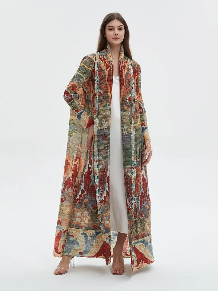 

Muslim Abaya Women Pleated Cardigan Open Dress Morocco Caftan Ramadan Eid Elatsic Long Robe Print Women's Luxury Trench Coat