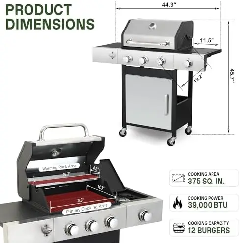 Gas Grill with Side Burner, 3-Burner Propane Grill with Porcelain-Enameled Cast Iron Grates and Double-Wall Insulated