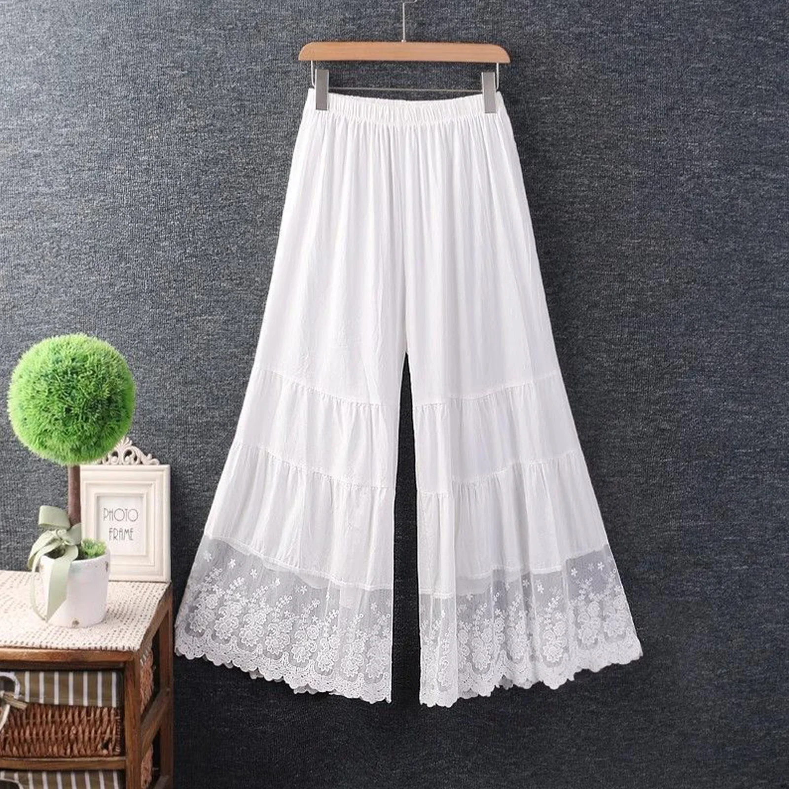 

Women Wide Leg Pants Daily Casual Floral Lace Trim Elastic Waistband Solid Color Loose Legs Pants Underpants for Cheongsam