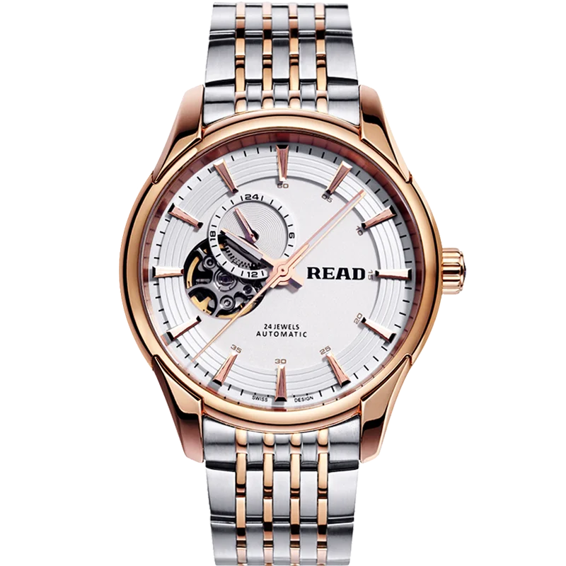 READ Men Automatic Mechanical Watch | Two‑Tone Steel Band | Partial Skeleton Dial | 24‑Hour Display | 50M Water Resistant Watch
