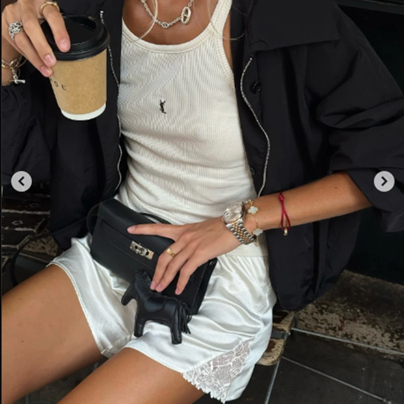 Combhasaki Women Summer Y2K Chic Satin Silky Shorts Trend Elastic Waist Side Floral Lace Hem Wide Leg Loungewear Going Out Pants