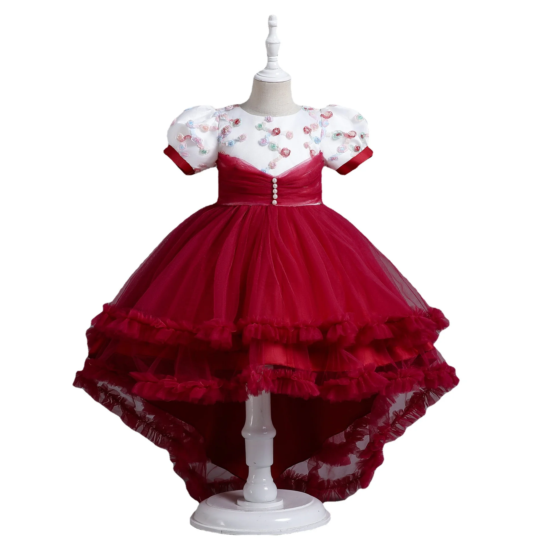 Red Flower Girls Birthday Dresses Puff Sleeve Party prince Dress European Style Girls Tutu Dress For Little Girls Children Gown