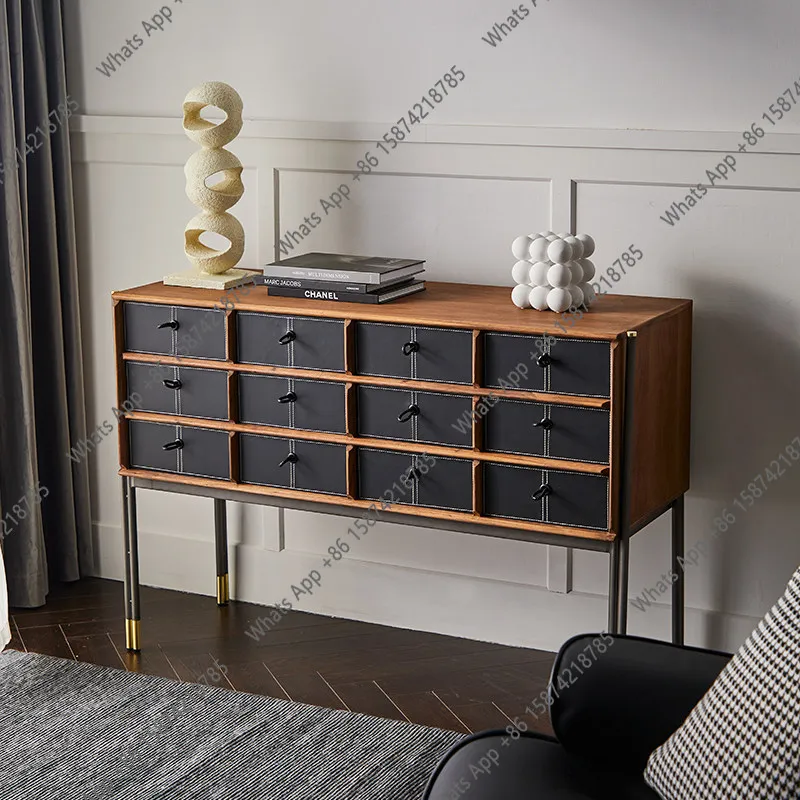 solid wood dining side cabinet Nordic simple living room walnut color chest cabinet retro storage designer multi-drawer cabinet