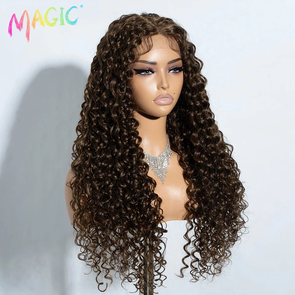 Perruque Lace Front Wig Synthétique Bouclée et Crépue pour Femme, Faux Cheveux Afro, Blond Ombré, Partie Centrale, Magique