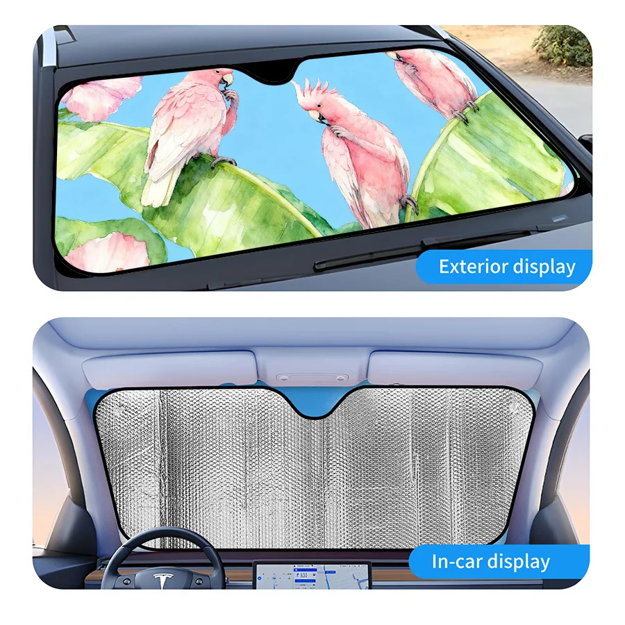 Sunshade For Car Windshields, Collapsible And Available In Three Sizes, Featuring A Design Of Pink Parrots And Hibiscus, Offers