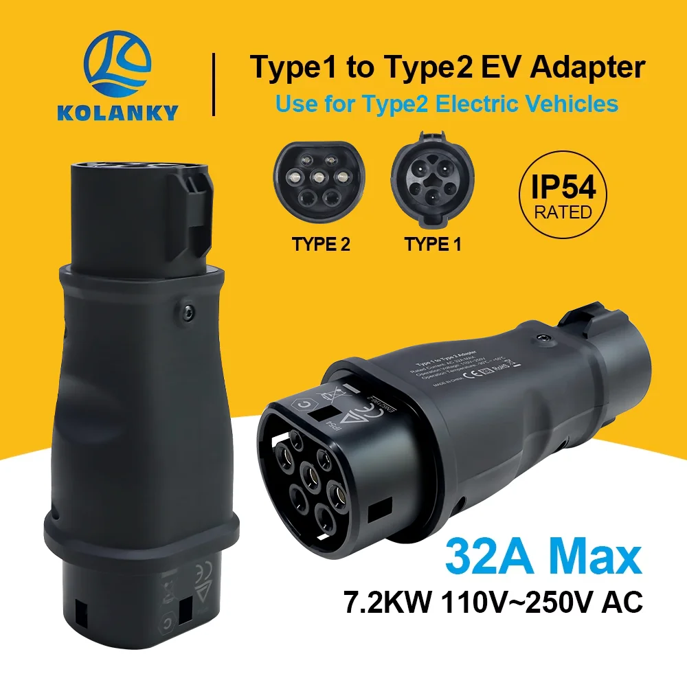 

Адаптер Kolanky EV типа 1 для типа 2 32A, однофазный, совместимый с зарядным устройством J1772 для электромобиля с зарядным устройством типа 2