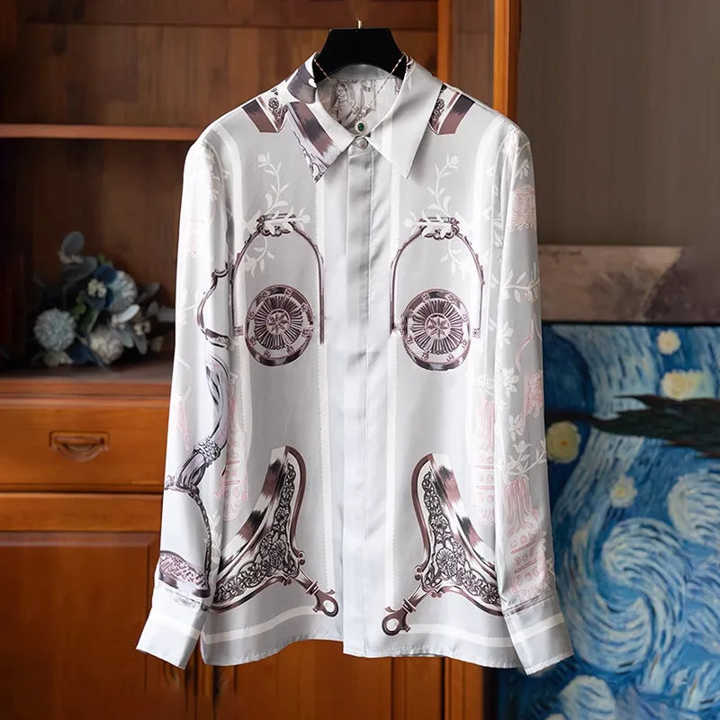 

Винтажные женские блузки с принтом, повседневные рубашки, модная свободная летняя корейская одежда, атласные женские топы с длинными рукавами