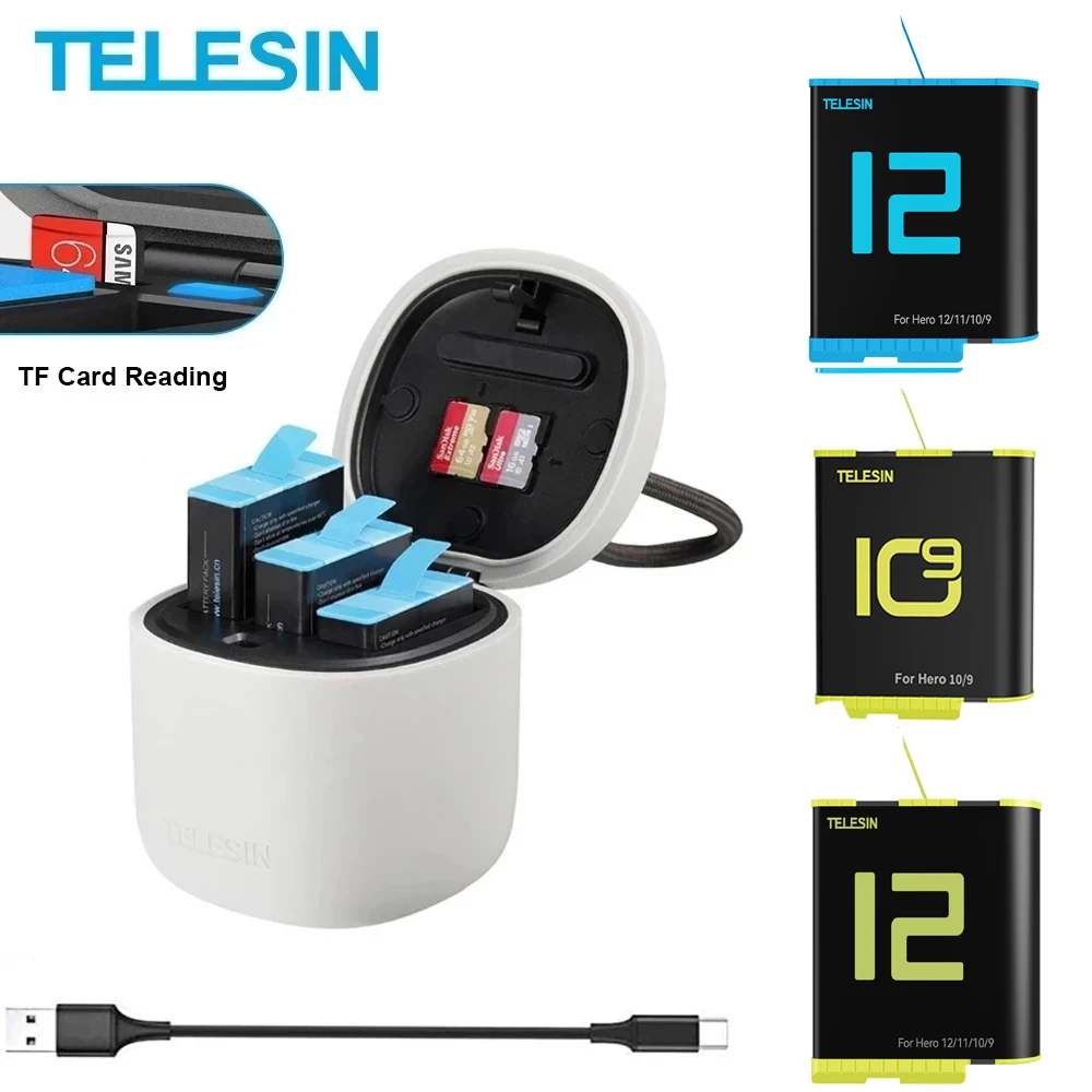 TELESIN 3PACK 1750mAh Battery 3 Slots Charger Case Set TF Card Reader Storage Charging Box for Gopro Hero 12 11 10 9 GoPro12