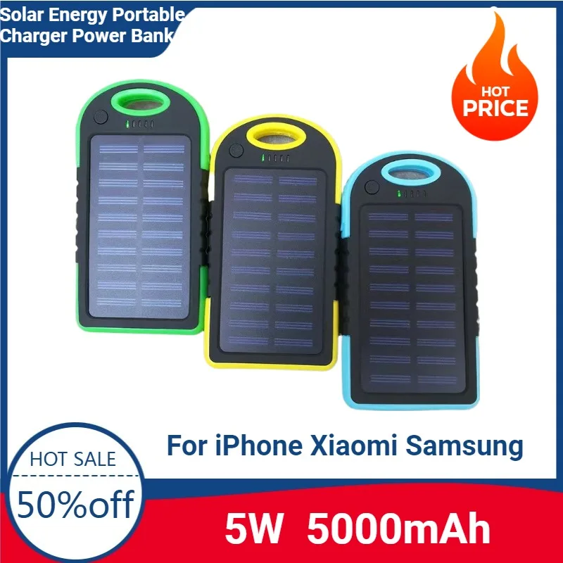 

Solar Energy Portable Charger Power Bank 5000mAh External Battery Double USB Life Waterproof Powerbank For Xiaomi Samsung