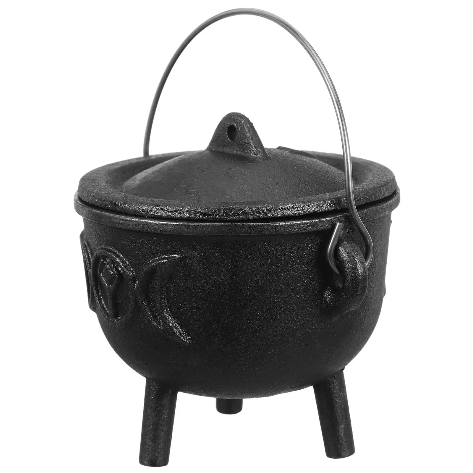 Cast Iron Triple Moon Witches Cauldron with Lid and Handle Sturdy Metal Ritual Jar Indoor Halloween Decoration Magical
