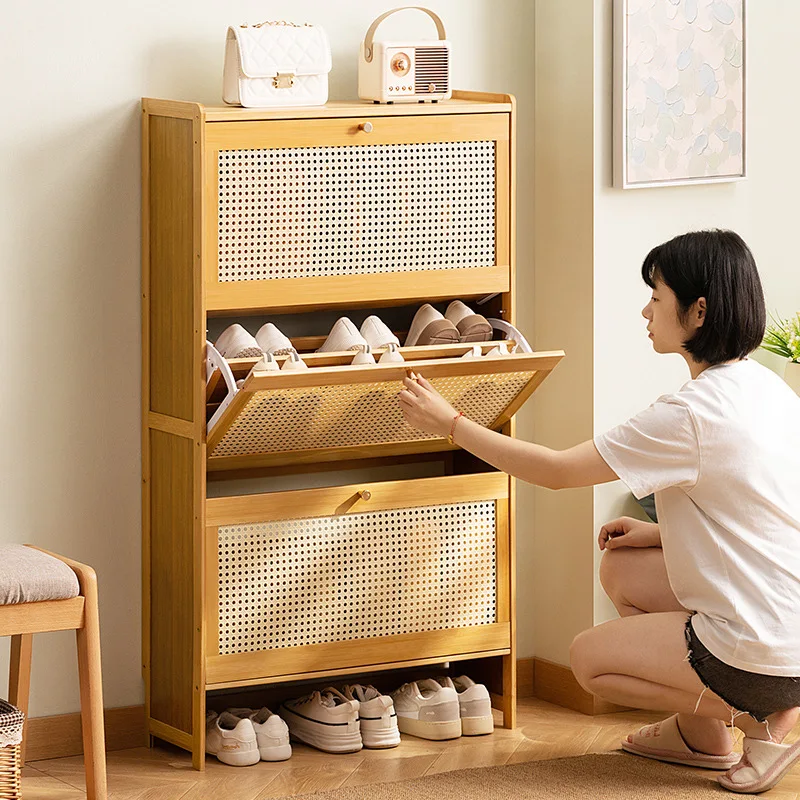 

Bamboo Narrow Multi-Layer Shoe Cabinet Mesh Breathable Shoe Rack Space Saving Entrance Hallway Organizer Modern Design