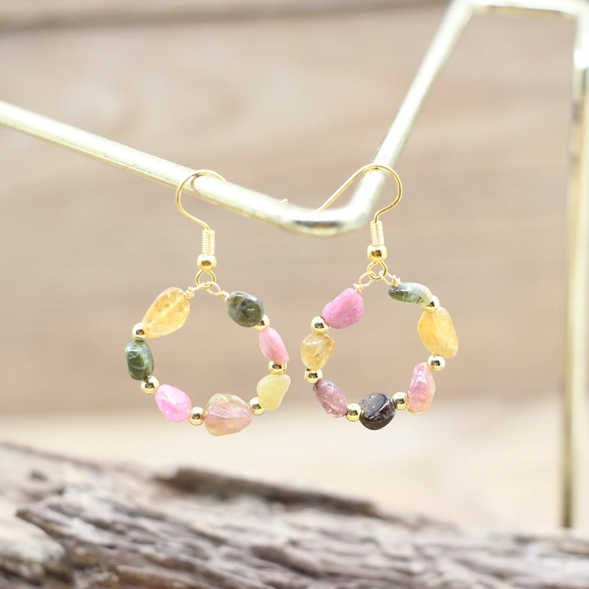 

Natural Stone Hand Crafted Earrings For Women Tourmaline Crystal Amethysts Fluorite Gems Hook Eardrop Bohemian Jewelry QC7025