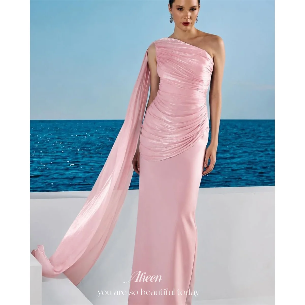 Aileen Pink Evening Dresses Straight One Shoulder Sleeveless Prom Dress Metallic Sheen Bodice Horizontal Ruching Customized