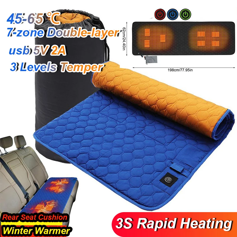 

5V 2A Winter Car Rear Seat Cushion Heated Cover Heater Warmer Heating USB Charging Sofa Sleeping Mat Insulation Pad Mattress