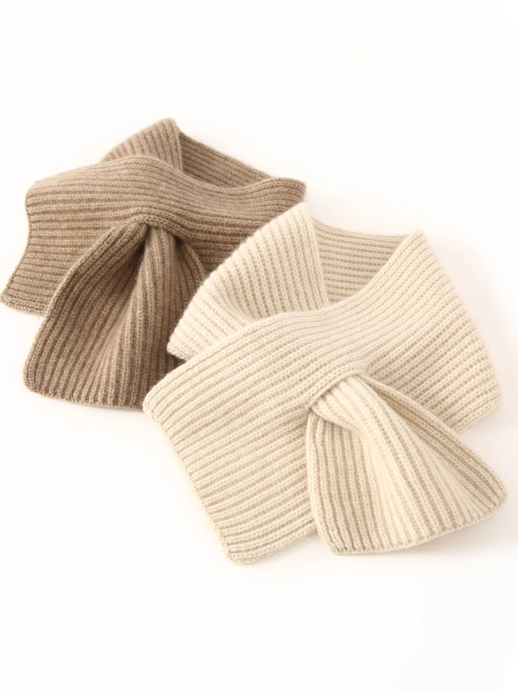 100% Cashmere Through-Hole Small Neck Warmer Scarf Knitted Women Autumn Winter Bow Tie Cowl Soft Cashmere Accessories cuello