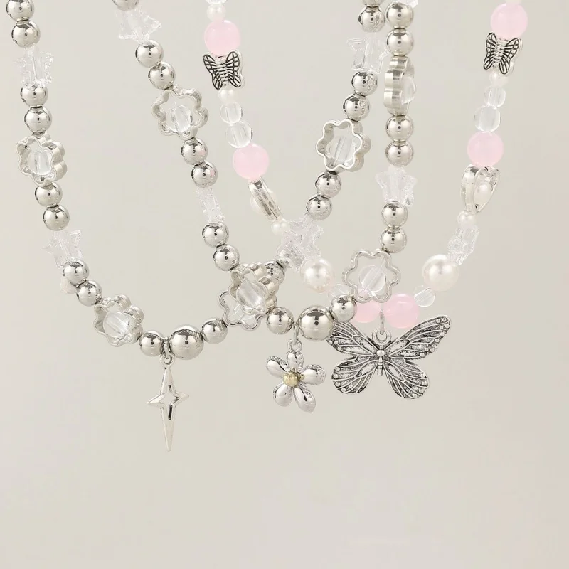3Pcs exquisite necklace silver butterfly flower square star pink transparent imitation pearl stackable Y2K women's jewelry