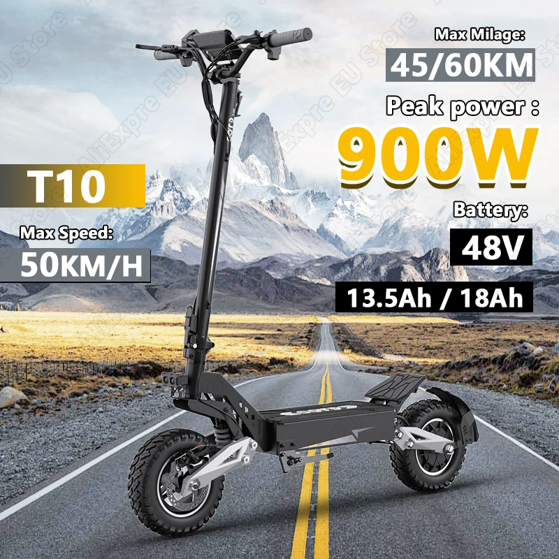 OOTD T10 e-scooter 900W puissance de pointe 48V 13.5/18 Ah batterie affichage LED Scooter électrique pour adultes 11 pouces tout-terrain pneus EScooters