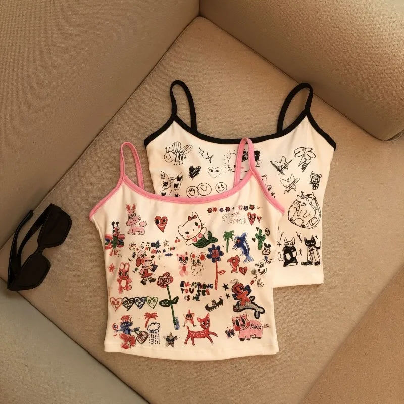 Hellokitty Cartoon Anime Stampa Cool Cute Canotta Spaghetti - Canotta con cinturino Canottiera Gilet stile fionda da donna con protezioni per il petto