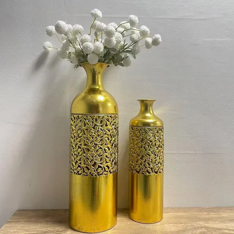 

European retro gold floor vase set, living room entrance flower arrangement ornament, hollow metal decorative flower device