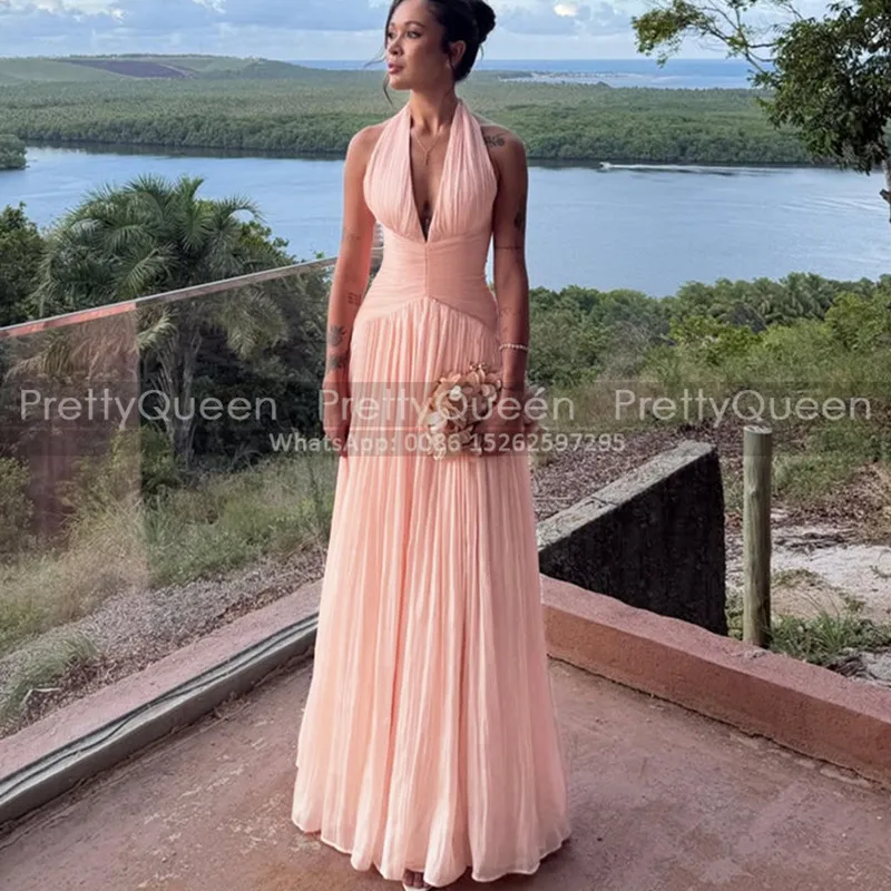 

Sexy A Line Evening Dress Halter Plunging Neck Long Customized Sleeveless Prom Dresses For Women