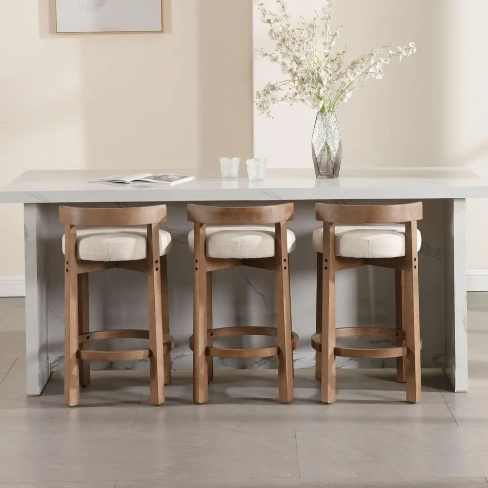 

Set of 3 Upholstered 26.5 Natural Wood Counter Stools, Beige, for Kitchen or Dining Room