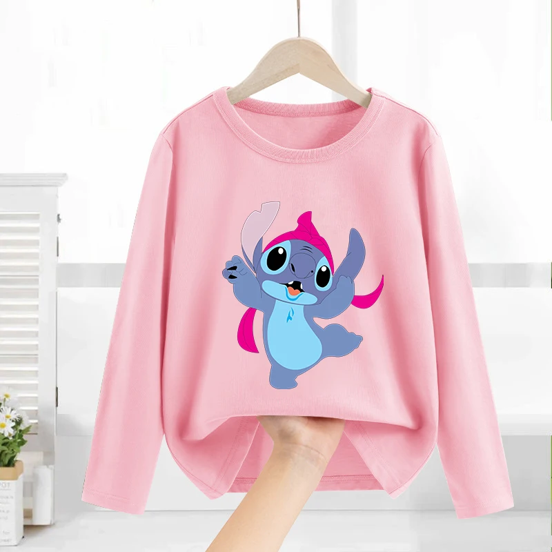 Stitch Disney Round Neck Long Sleeves T-shirts Cartoon Anime Children Shirts Kids Print Boys Girls Spring Thin Clothes Gift