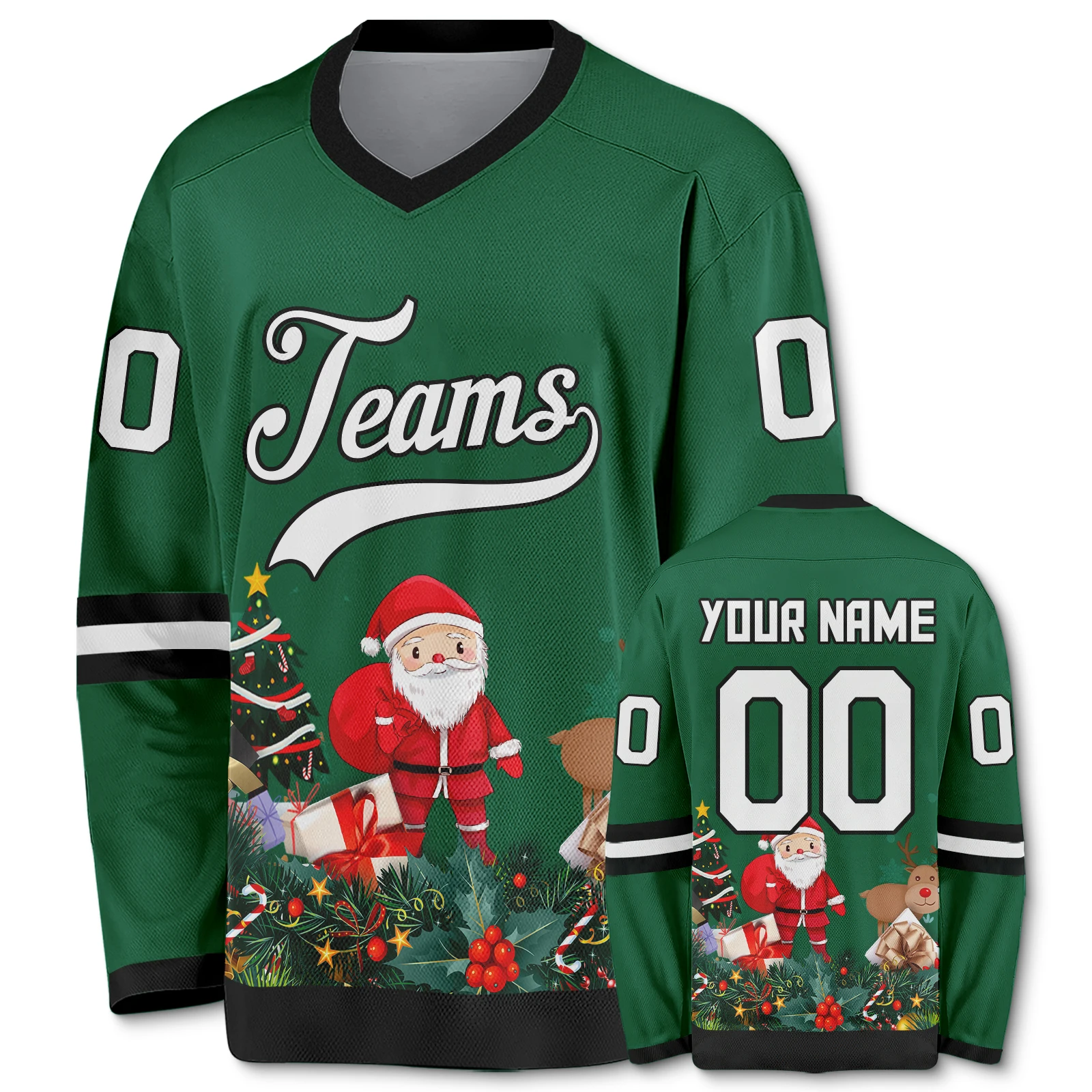 Christmas Custom Hockey Jerseys Green Santa Design Hockey Shirt Personalized Name Number Team Gift for Men Women Youth Kids