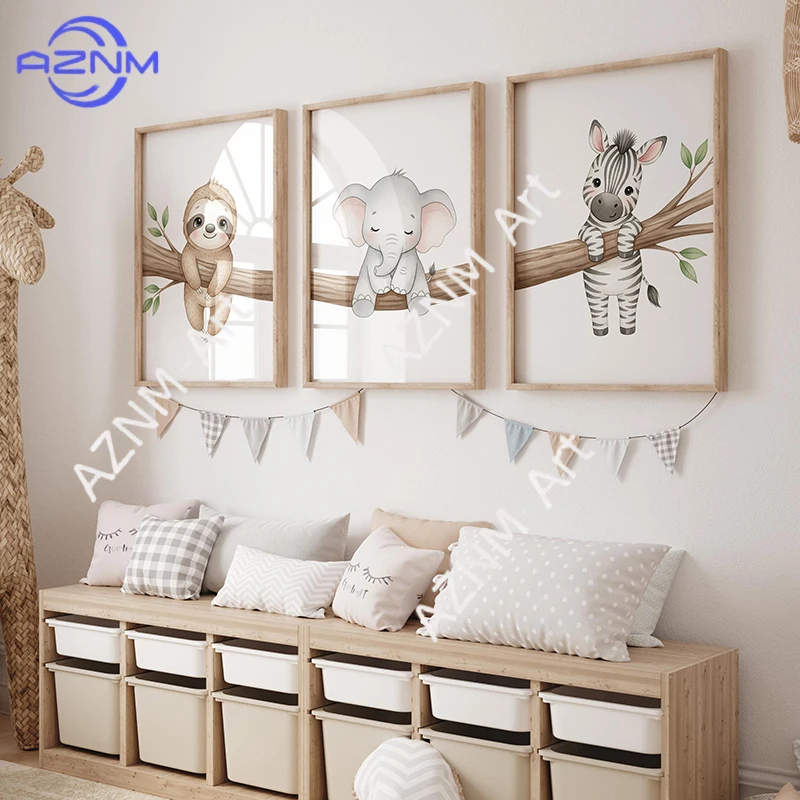 Cute Animal Wall Art Poster Sloth Elephant and Zebra with Tree Nursery Canvas Painting Prints for Kids Room, Bedroom Room Decor