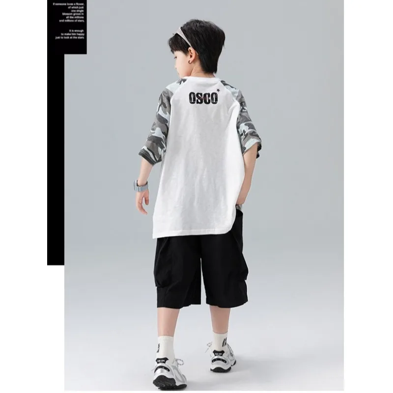 Children's  Splicing Camouflage Short-sleeved Printed T-shirt Trendy Cool Black Five-point Shorts Two-piece Set Teen Summer Suit